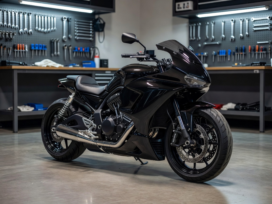 A clean, finished motorcycle parked inside the workshop, ready for the rider