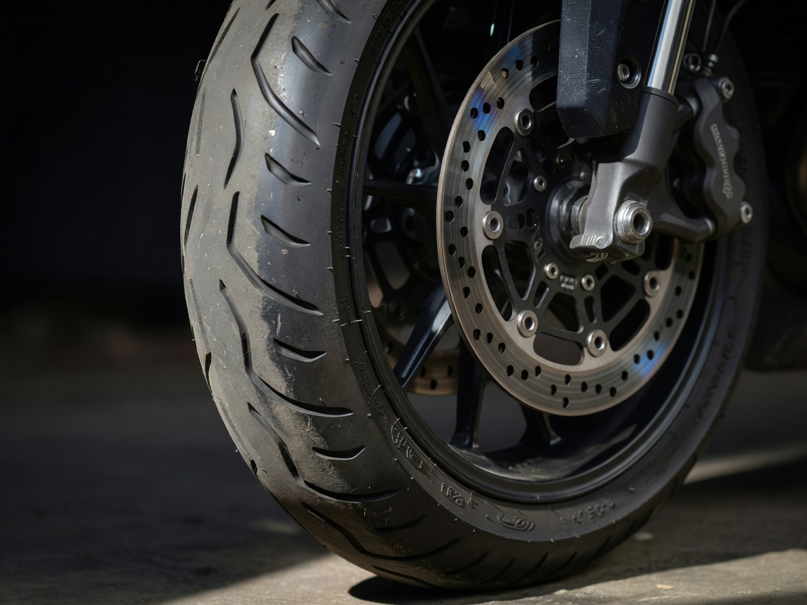Close up inspection of a motorcycle front tyre tread and brake disc