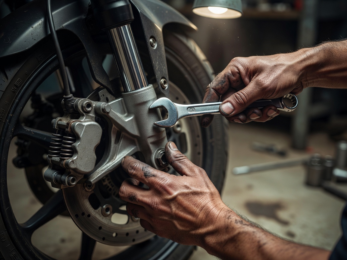 Close up of a mechanic hands working on a motorcycle brake caliper