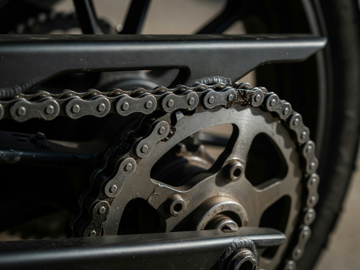 Detailed view of a motorcycle drive chain and rear sprocket showing mechanical texture