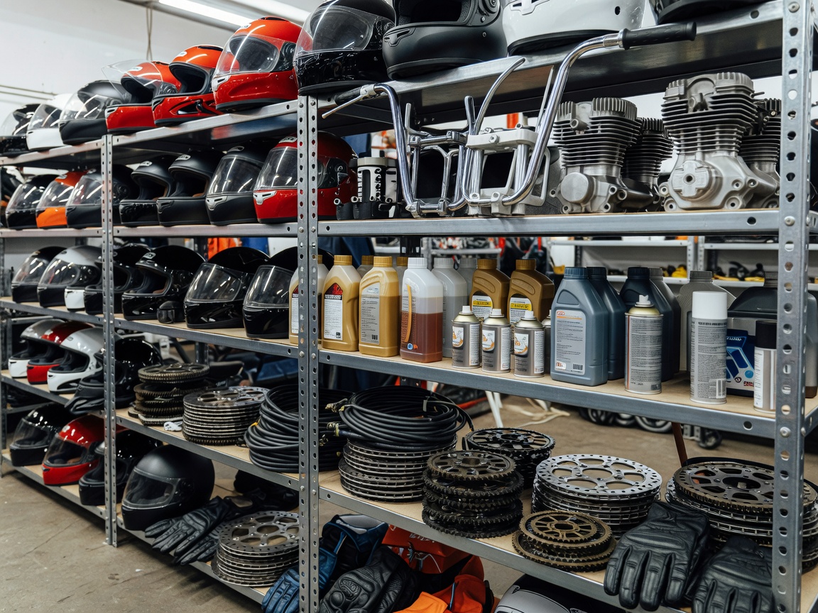 Display of various motorcycle parts, helmets, and maintenance fluids on shelves