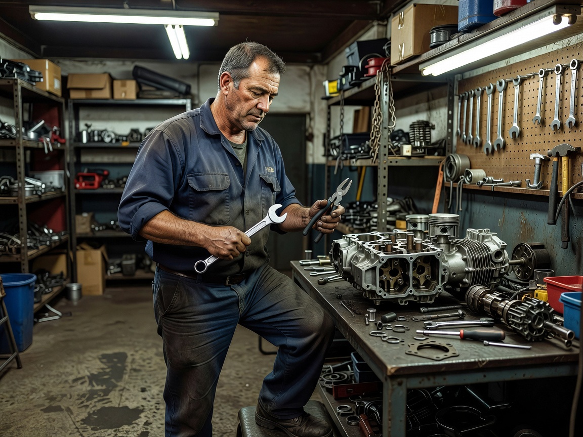 Mechanic holding tools next to a partially disassembled motorcycle engine area
