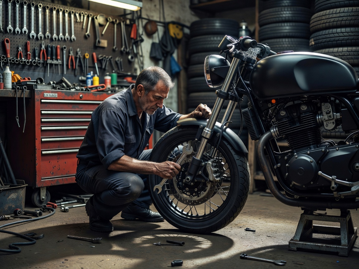 Mechanic inspecting the front wheel and suspension of a motorcycle in a garage