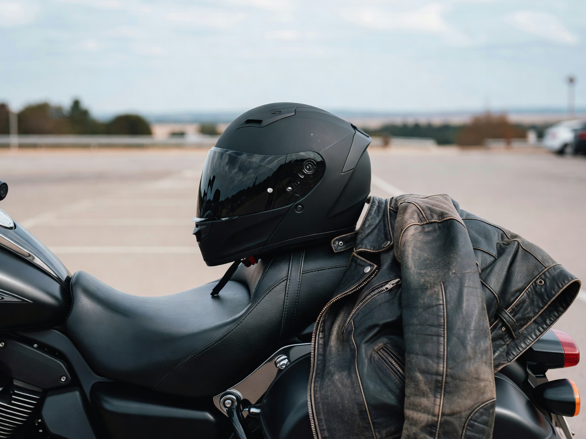 Motorcycle helmet and riding jacket resting on a motorcycle seat