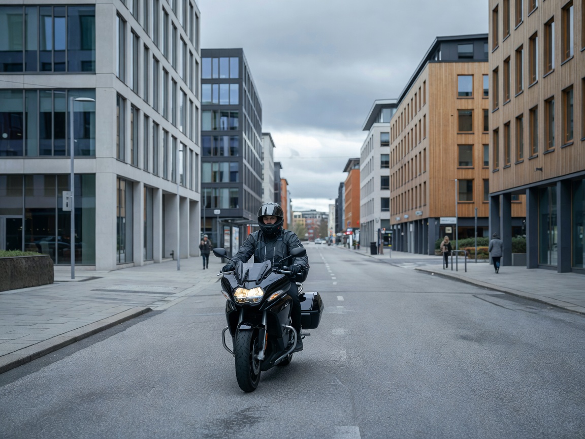 Motorcyclist riding through an urban city street representing the Oslo environment