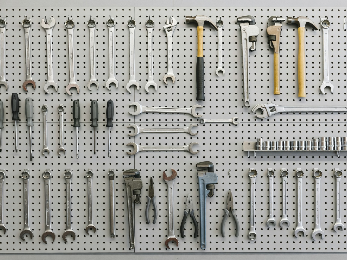 Organized pegboard holding various clean workshop tools and spanners