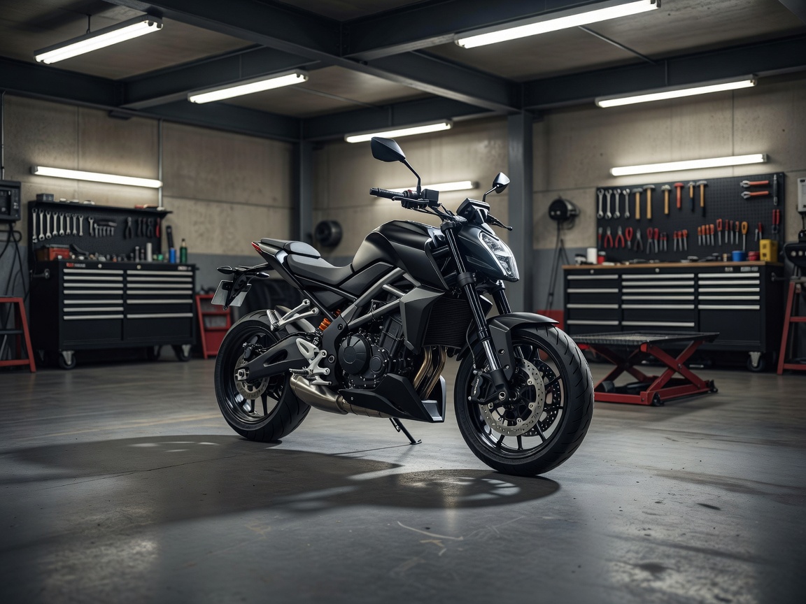 Realistic modern motorcycle parked inside a professional workshop with industrial flooring and practical lighting